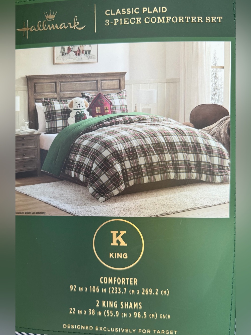 Hallmark King Plaid Comforter Set Reversible 3 Piece Christmas Holiday NWT
